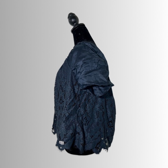 Anthropologie Moulinette Soeurs Navy Blue Lace Puff Sleeve Crop Top, Size Large - Picture 3 of 7